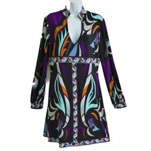 Cache Dress Midi Lined Long Sleeve V Neck Geometric Poly Spandex Career Y2K L